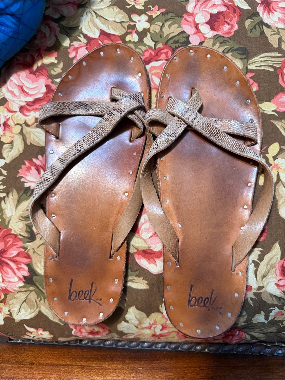 beek Brown Crisscross Leather Sandals with Stud Accents